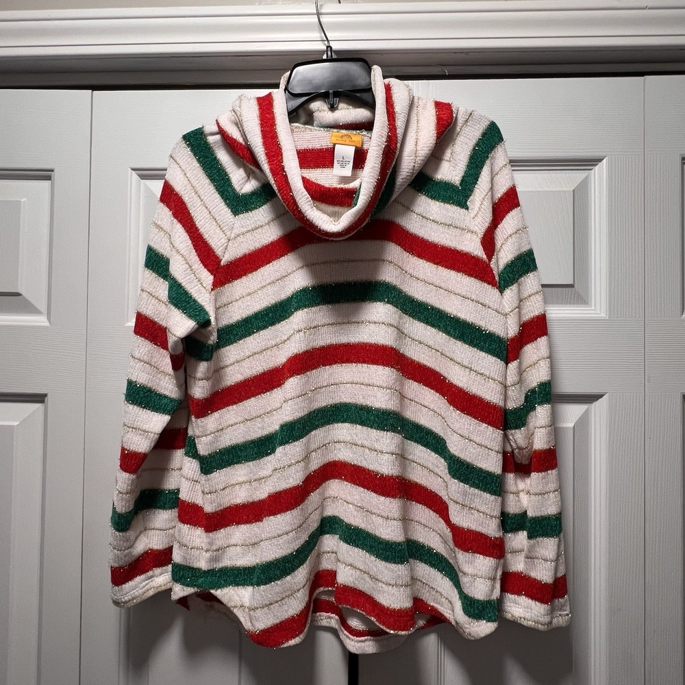 Ruby Rd Christmas Cowl Neck Sweater Size L Red White Green Metallic Gold Stripe